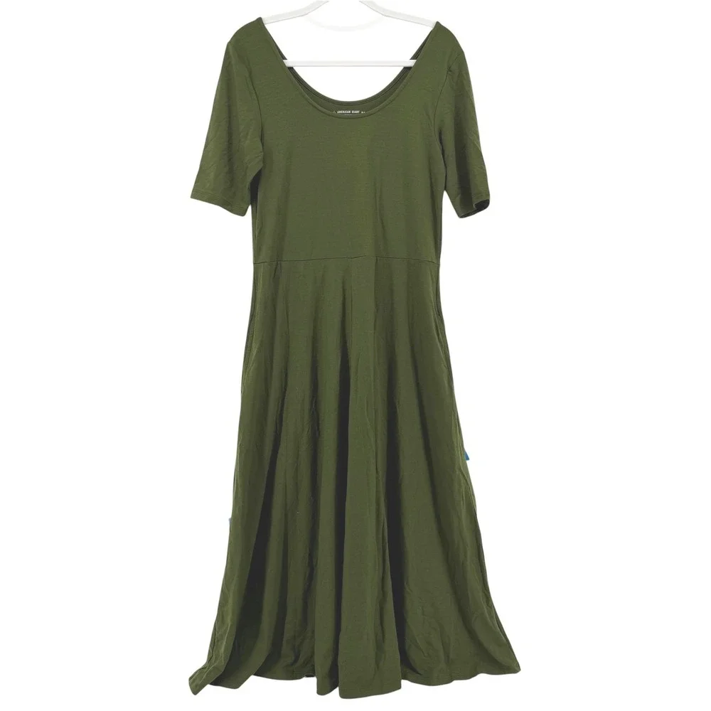 American Giant Olive Green Flex Fit & Flare Midi Dress Womens Size M USA Made - Picture 2 of 12